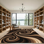 Earthy Brown Cream Abstract Liquid Swirl Rug