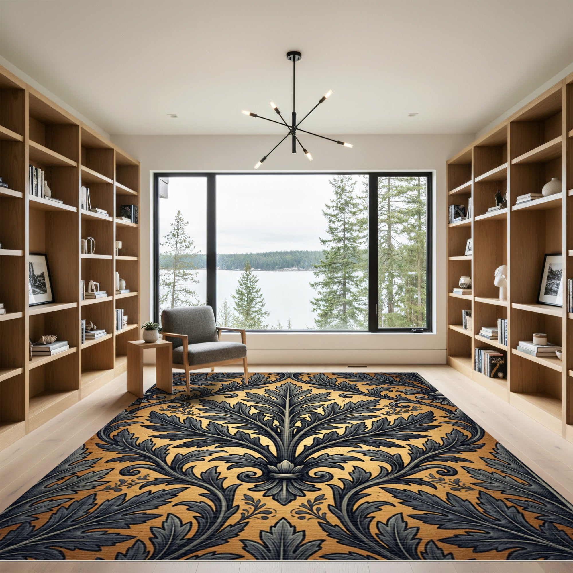 Gilded Charcoal Damask Acanthus Scroll Rug
