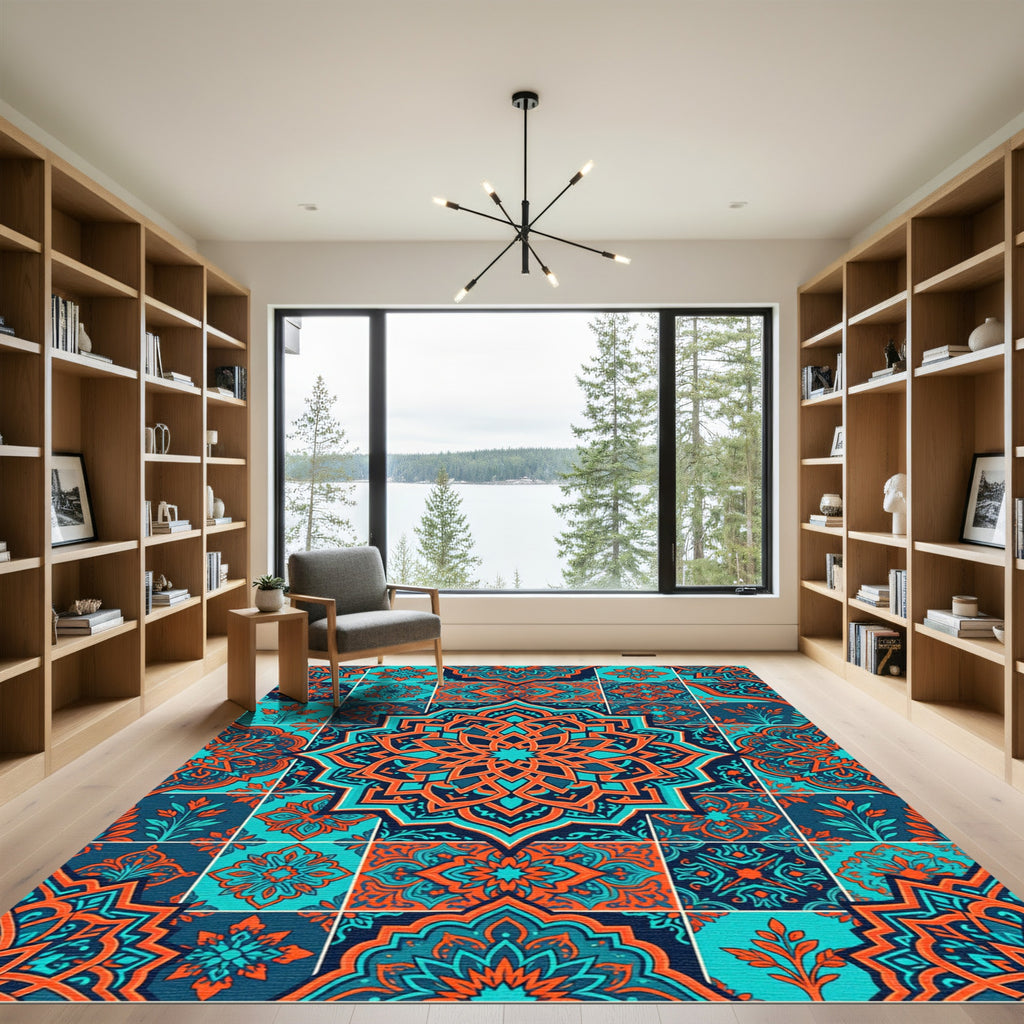 Teal Orange Tile Medallion Garland Rug