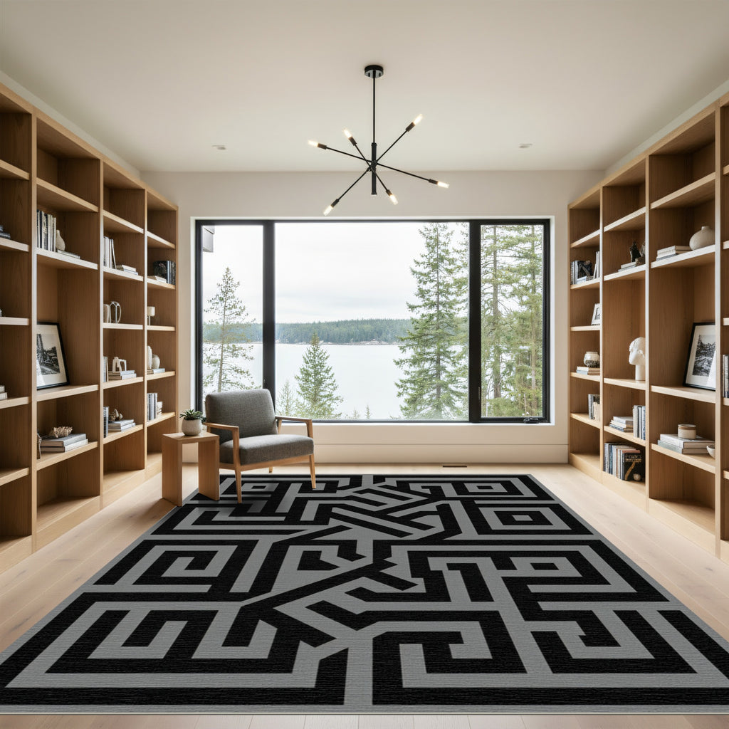 Black Gray Geometric Maze Rug