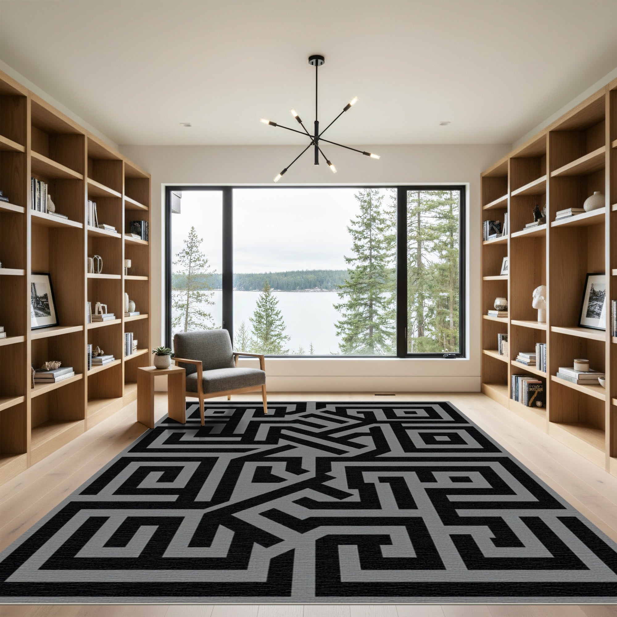 Black Gray Geometric Maze Rug
