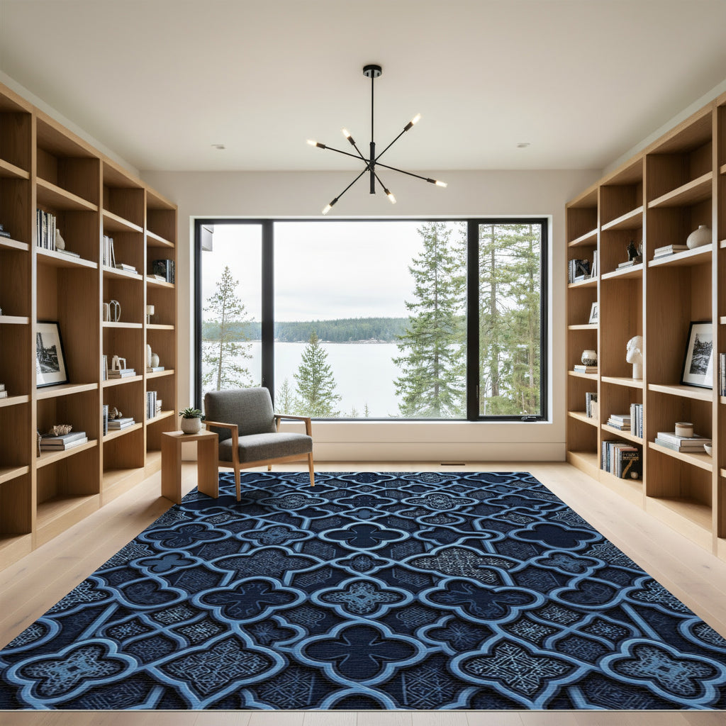 Deep Navy Intricate Lattice Clover Rug