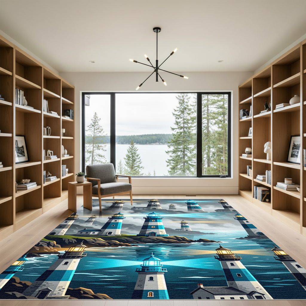 Coastal Blue Lighthouse Landscape Scene Rug