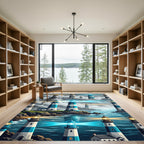 Coastal Blue Lighthouse Landscape Scene Rug