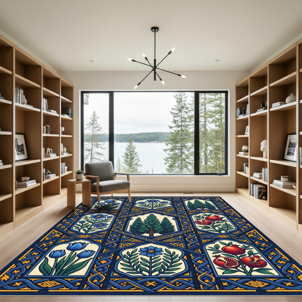 Royal Blue Floral Botanical Lattice Rug