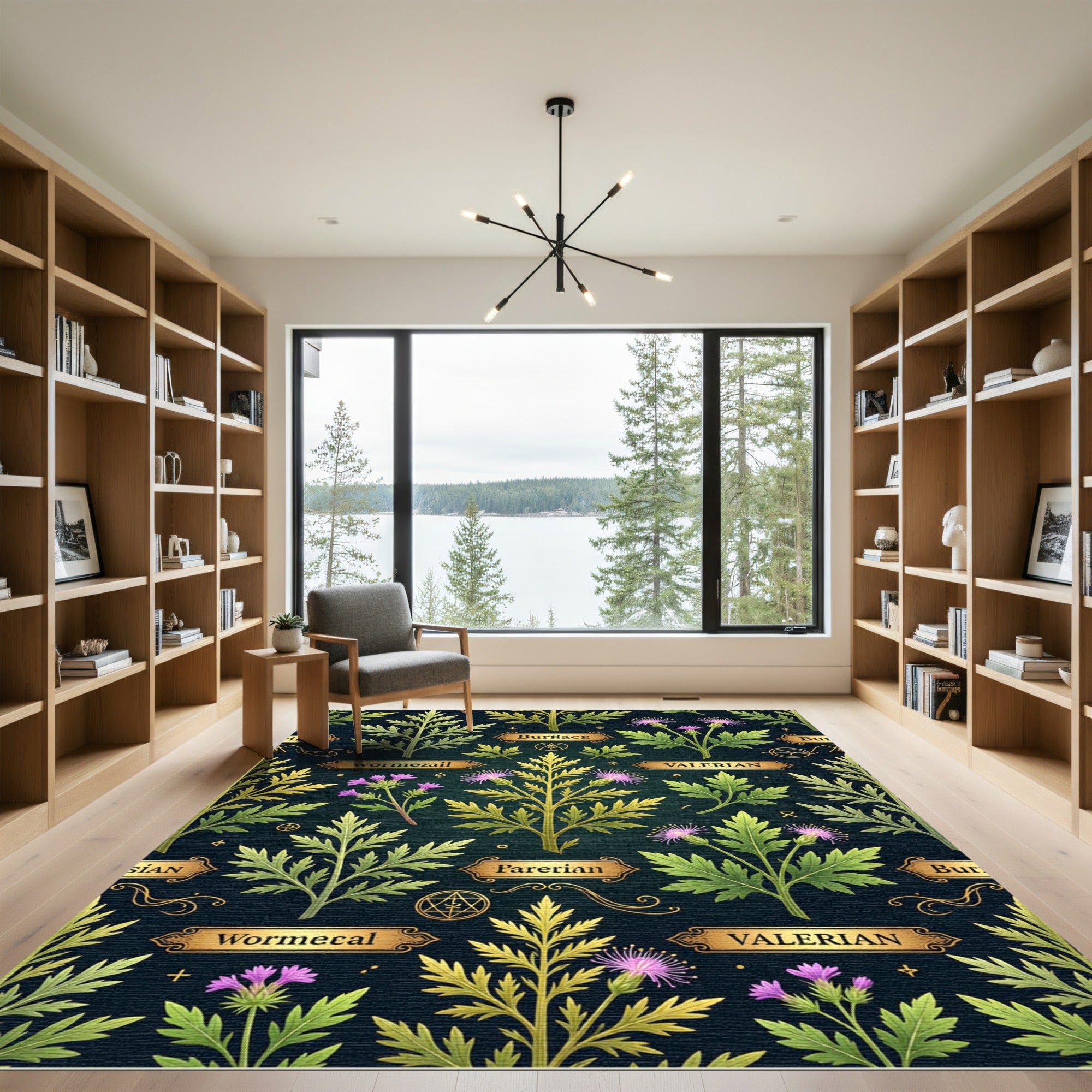 Dark Botanical Herbarium Gold Floral Tapestry Rug