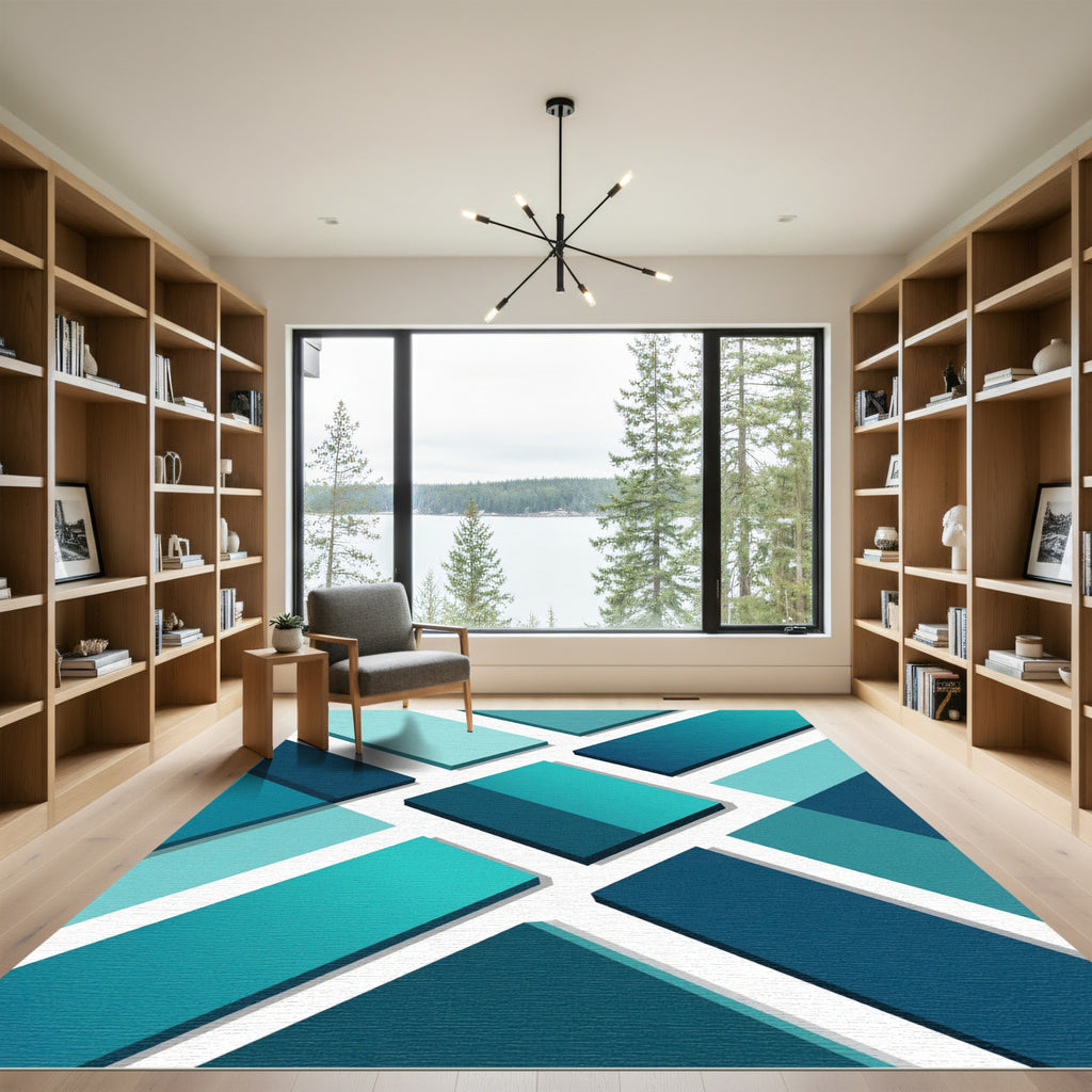 Geometric Teal Layered Block Square Rug