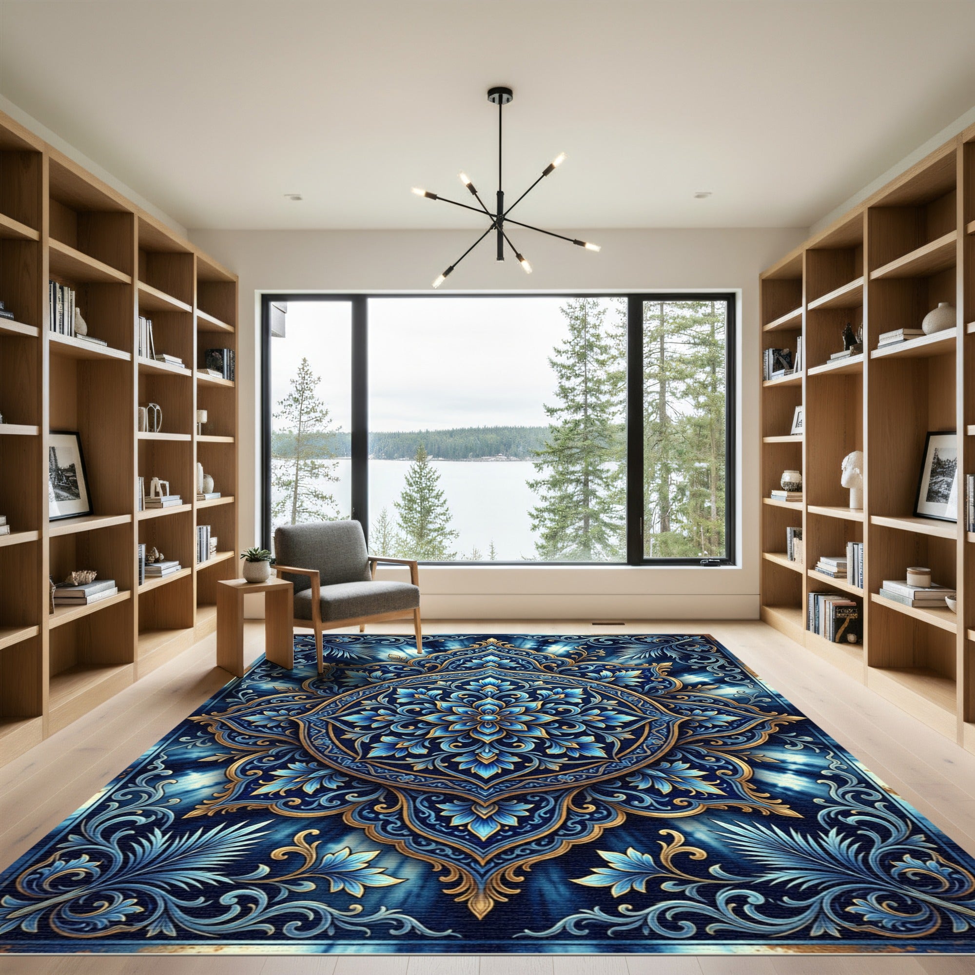 Deep Blue Golden Floral Mandala Rug