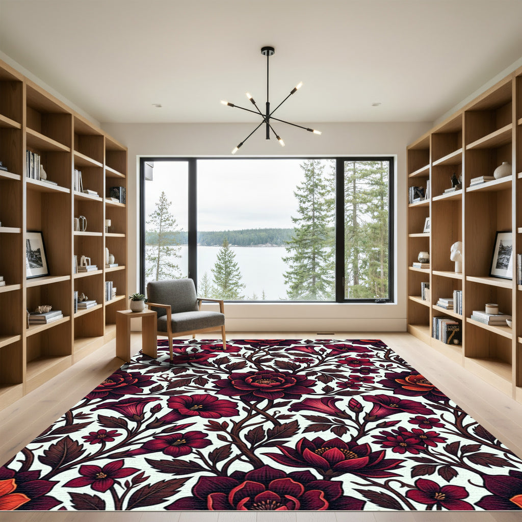 Deep Crimson Floral Botanical Arrangement Rug