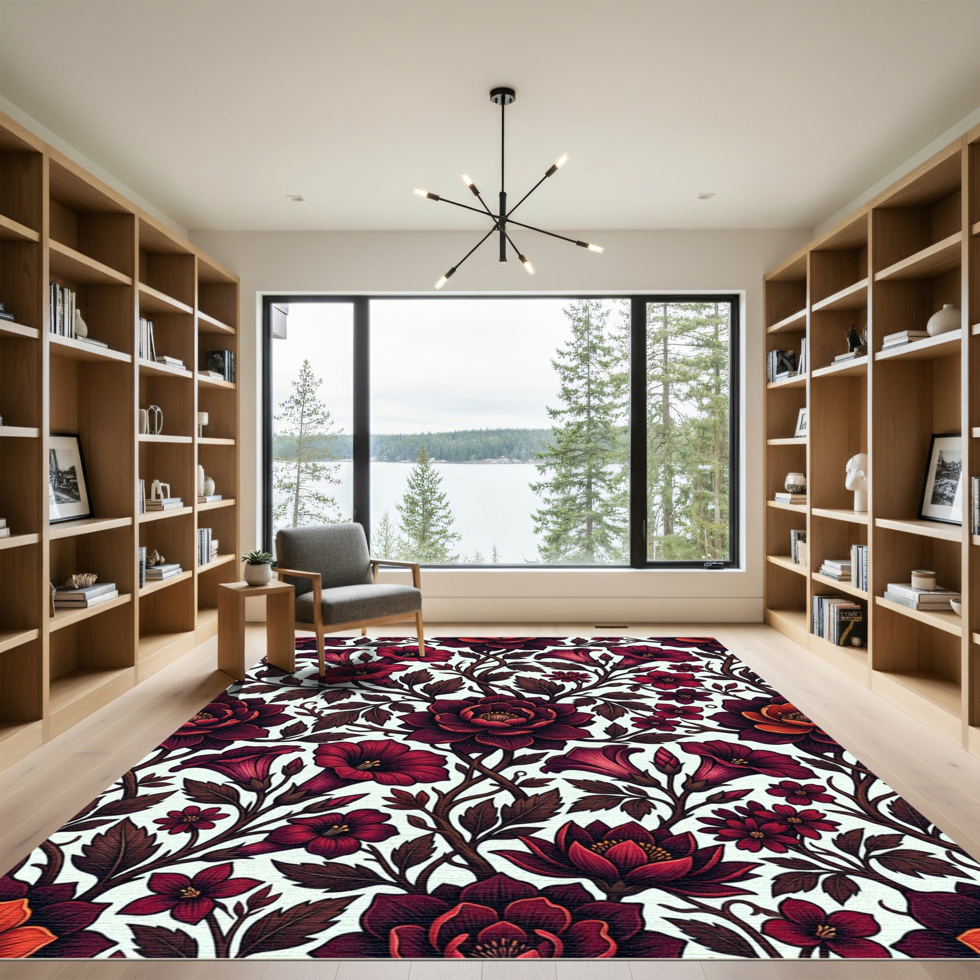 Deep Crimson Floral Botanical Arrangement Rug