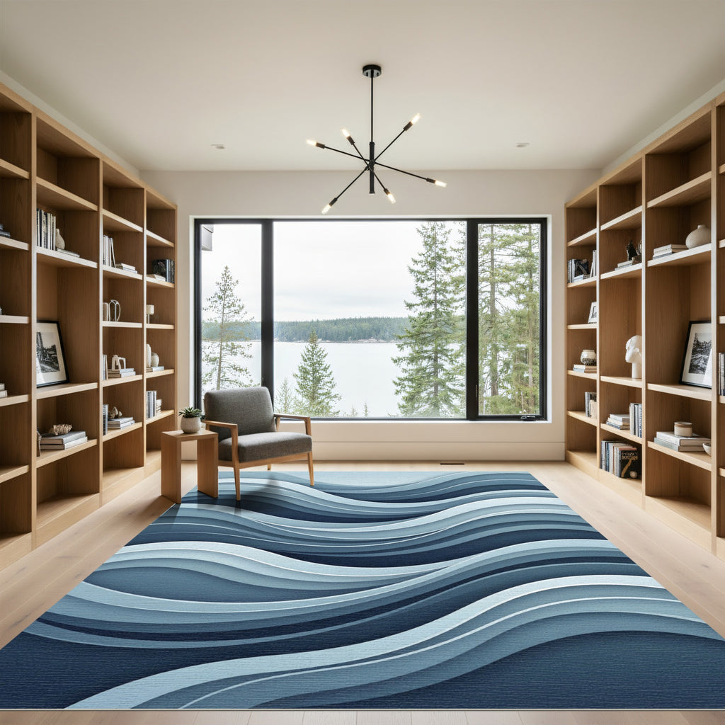 Modern Navy and Slate Abstract Wave Rug
