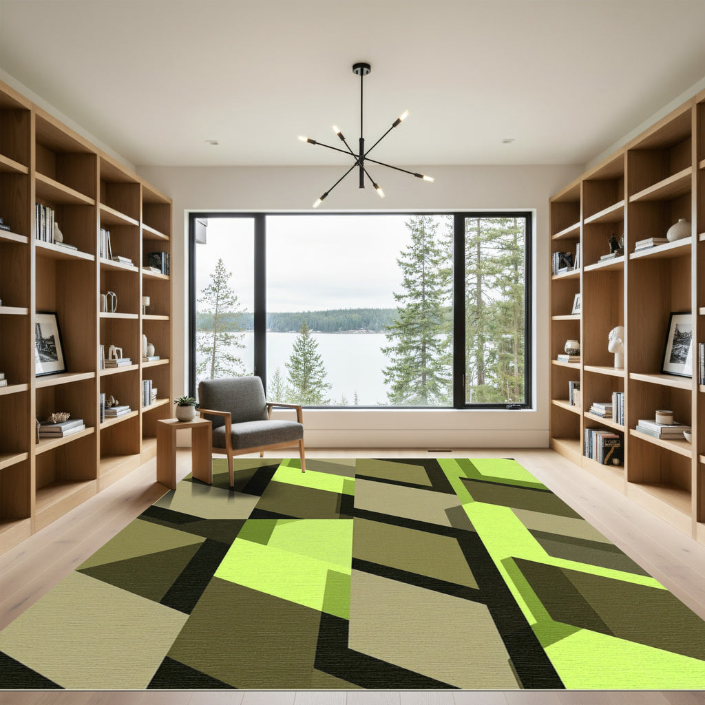 Modern Lime and Olive Geometric Cubes Rug