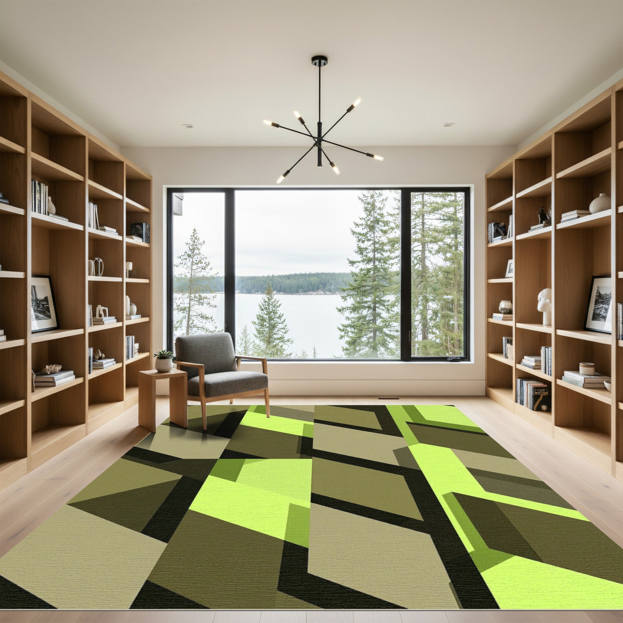 Modern Lime and Olive Geometric Cubes Rug