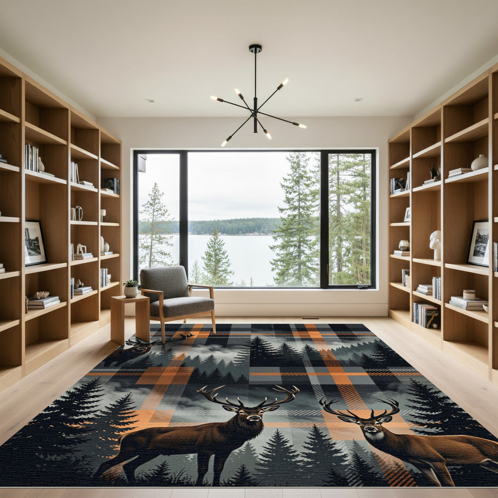 Midnight Elk Forest Orange Plaid Rug