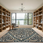 Elegant Ivory Scrollwork Teal Ornament Rug