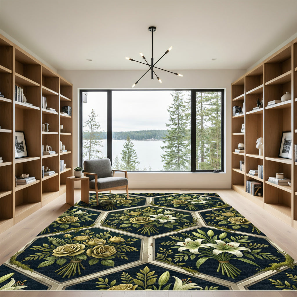 Elegant Olive Gold Floral Hexagon Rug