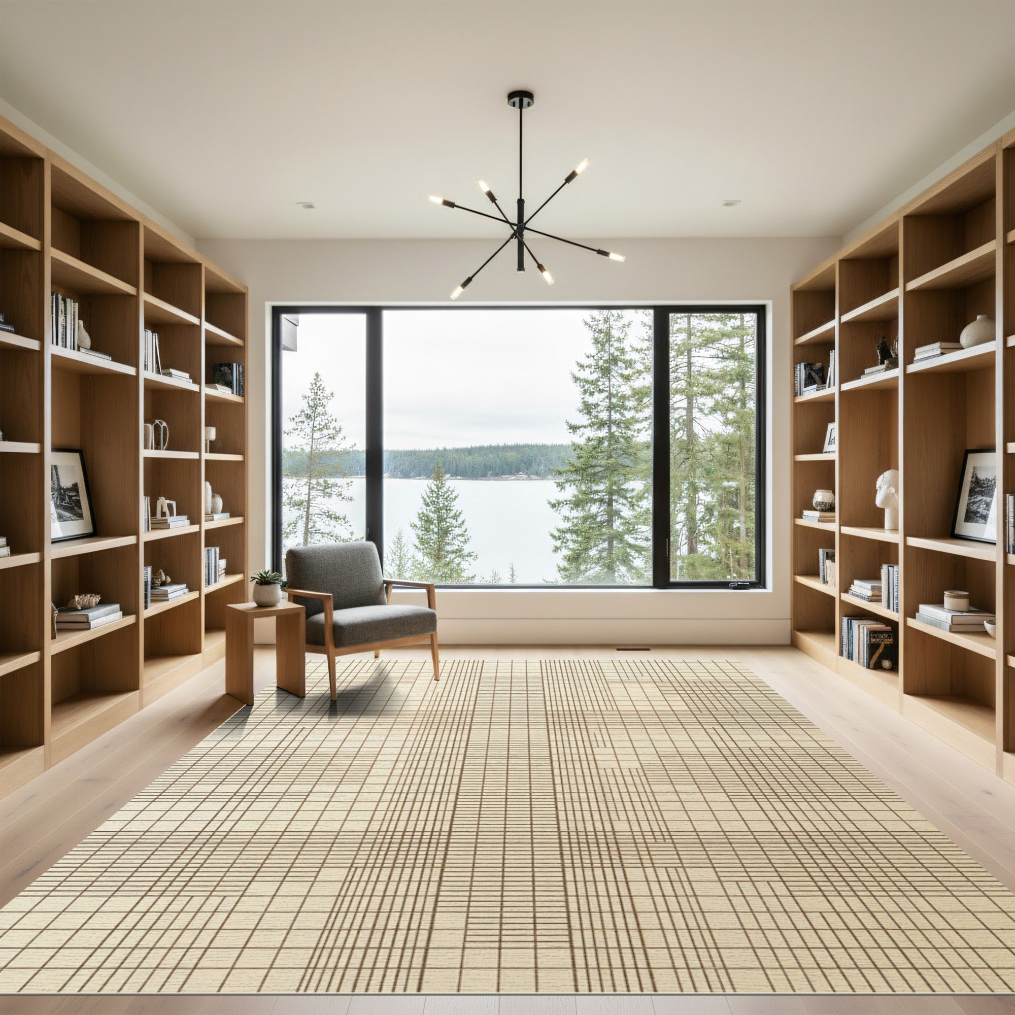 Minimalist Cream Grid Geometric Rug