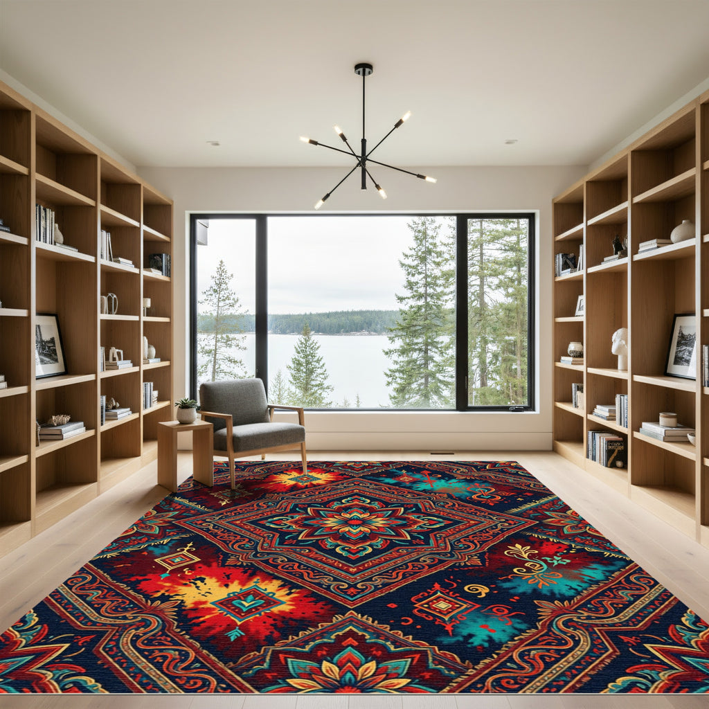 Radiant Crimson Teal Medallion Tie-Dye Rug