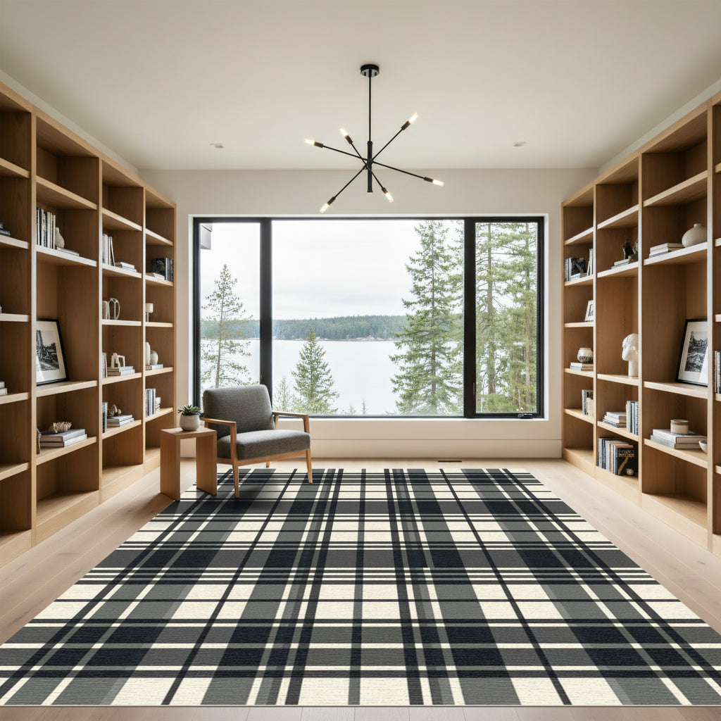 Monochrome Charcoal and Cream Plaid Rug