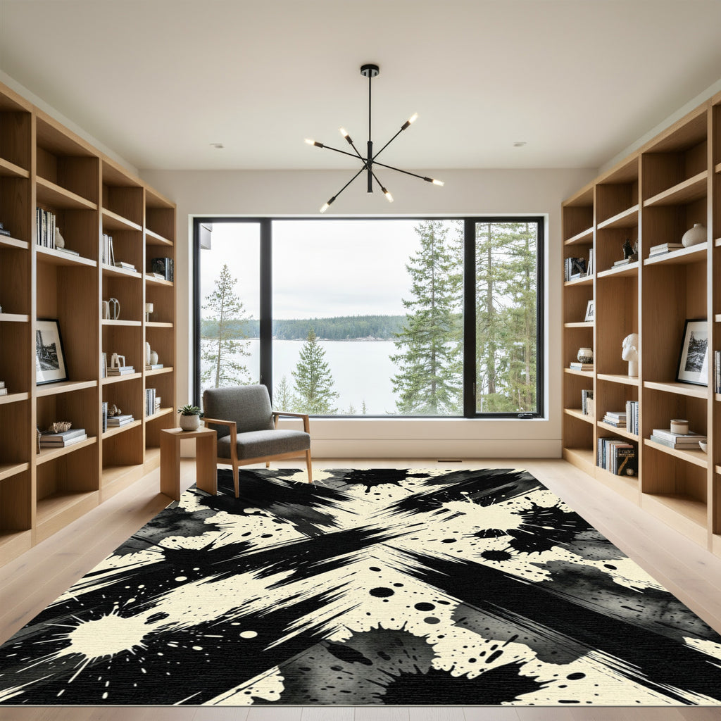 Bold Black Ink Splatter Abstract Rug