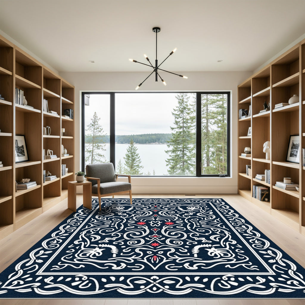 Navy Crimson Vine Scroll Medallion Rug