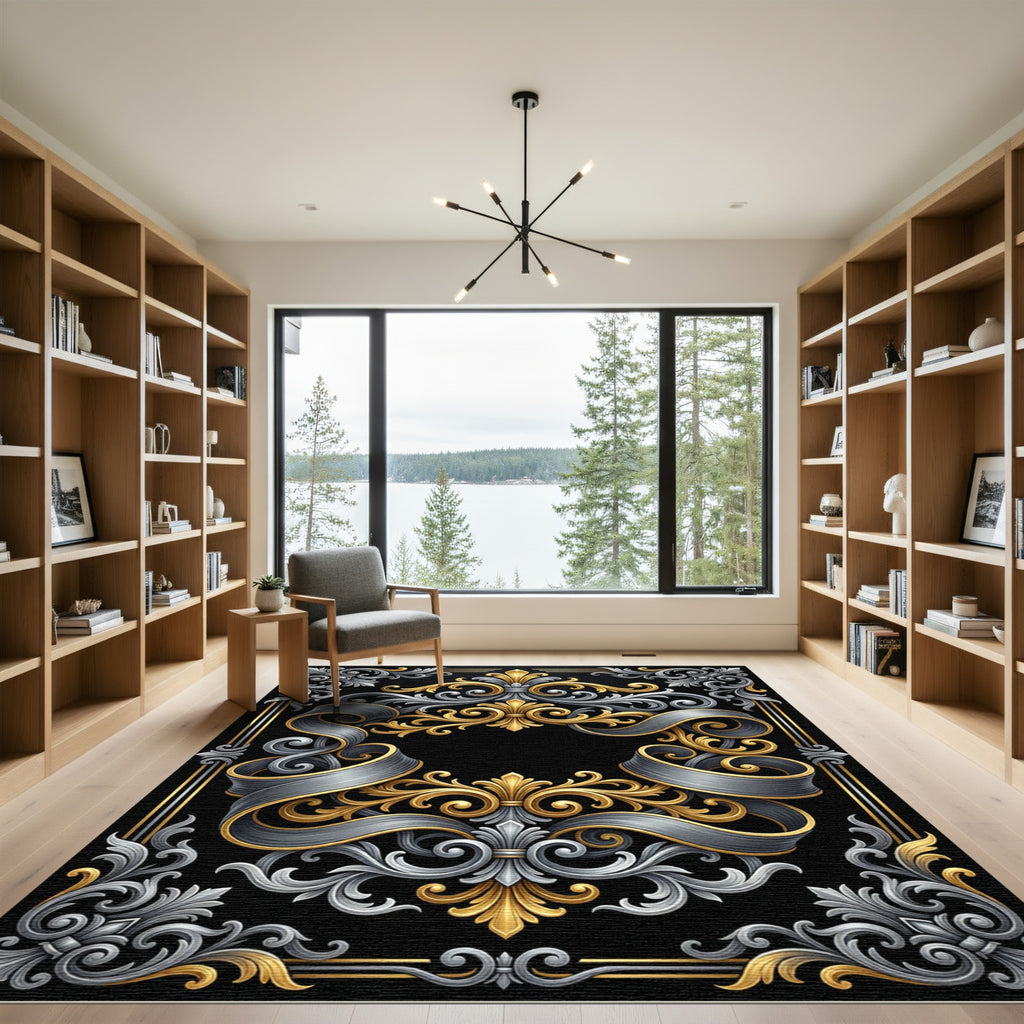 Ornate Gold Silver Scrollwork Border Rug