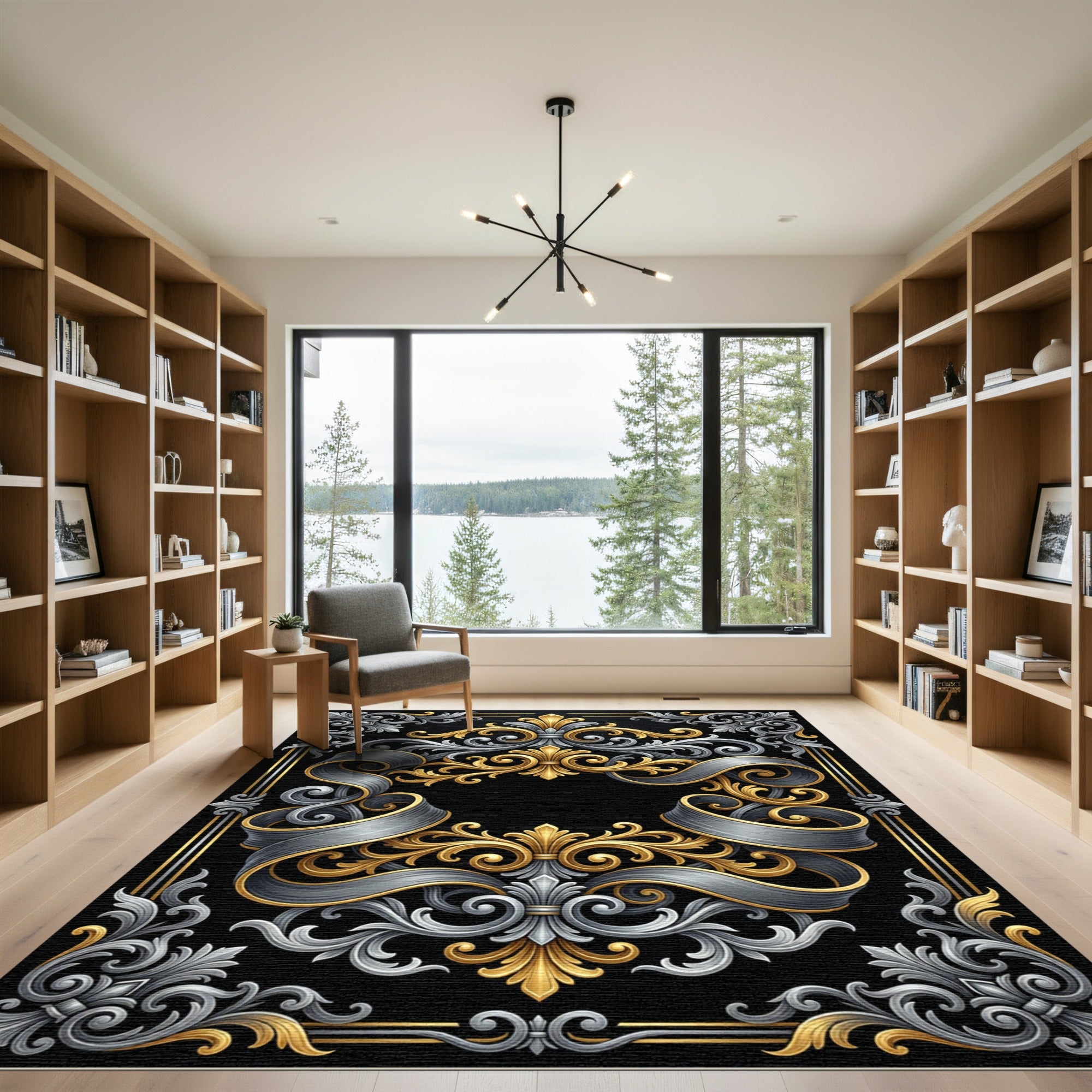 Ornate Gold Silver Scrollwork Border Rug