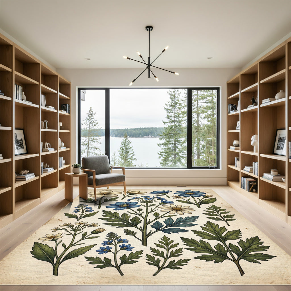 Vintage Blue and Cream Botanical Meadow Rug
