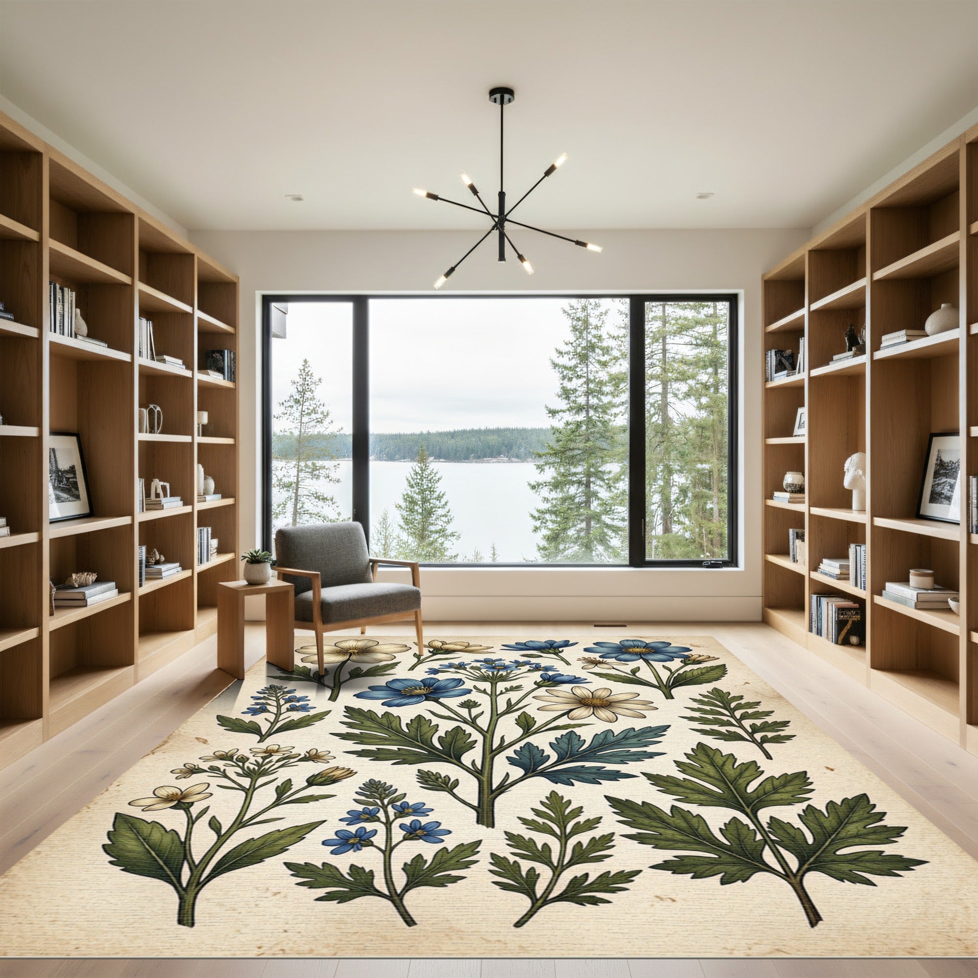 Vintage Blue and Cream Botanical Meadow Rug