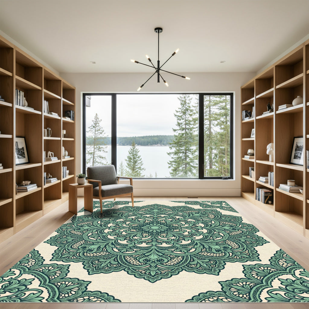 Sage Green Ornate Floral Damask Circle Rug