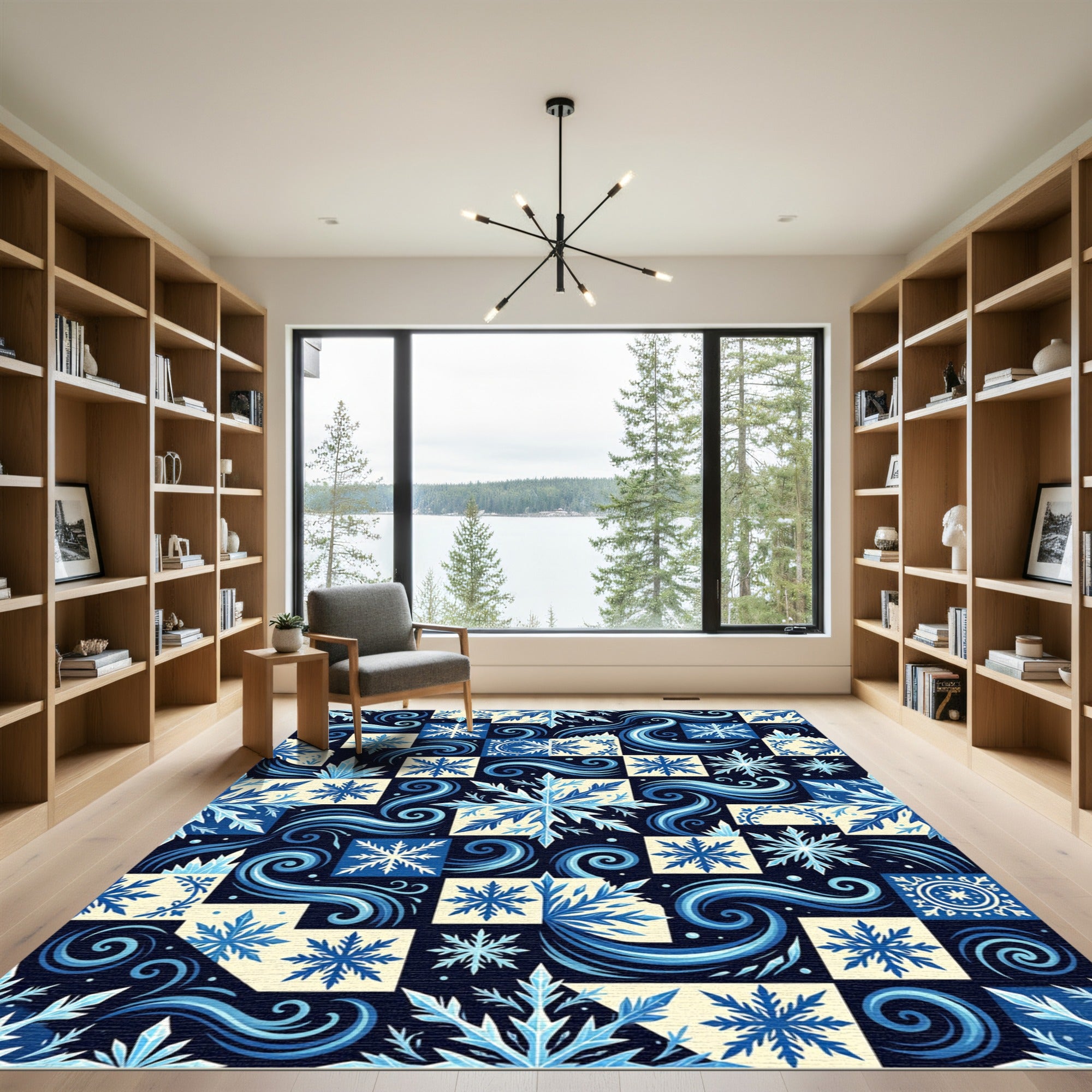 Winter Blue Snowflake Swirl Art Rug