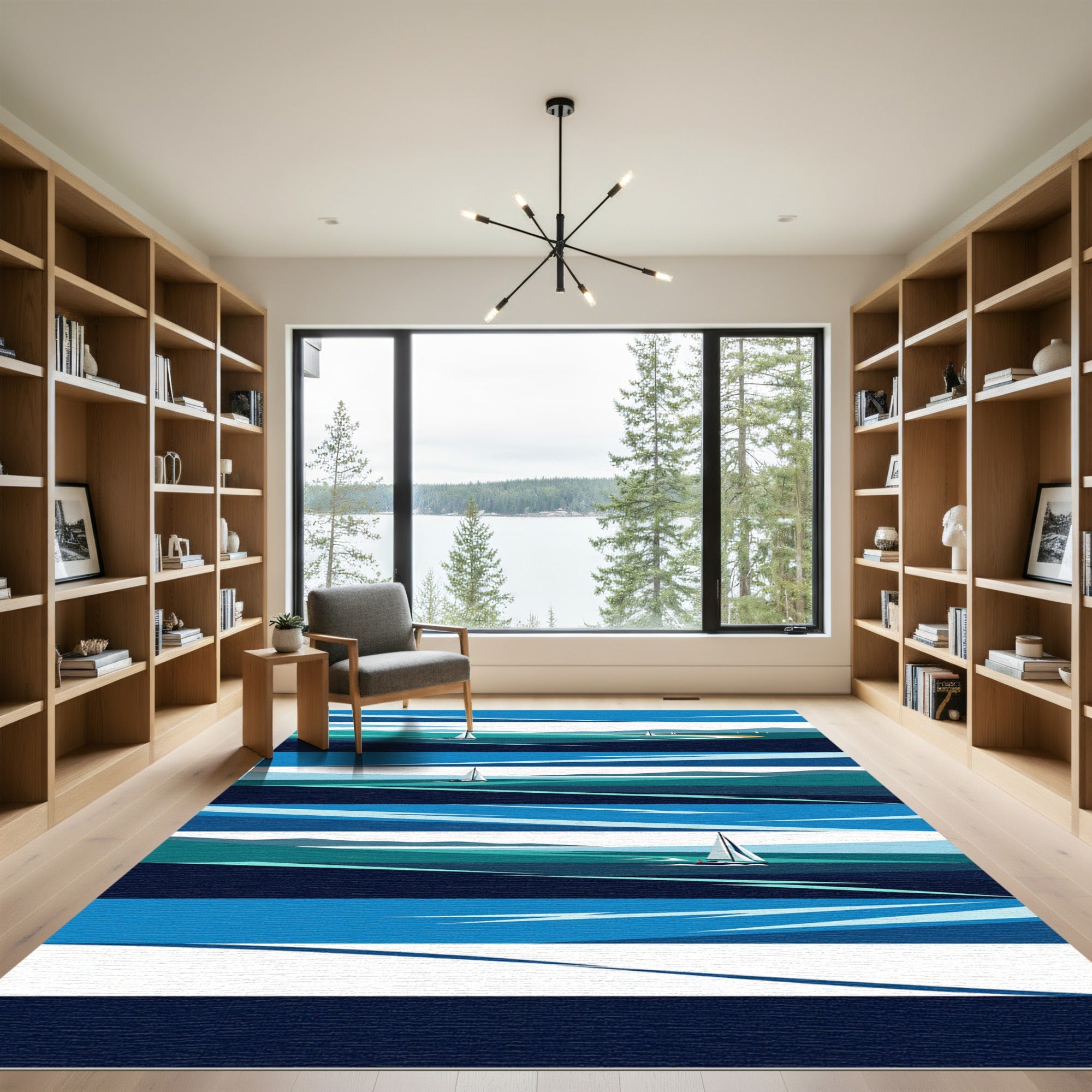 Abstract Blue Nautical Sailing Landscape Rug