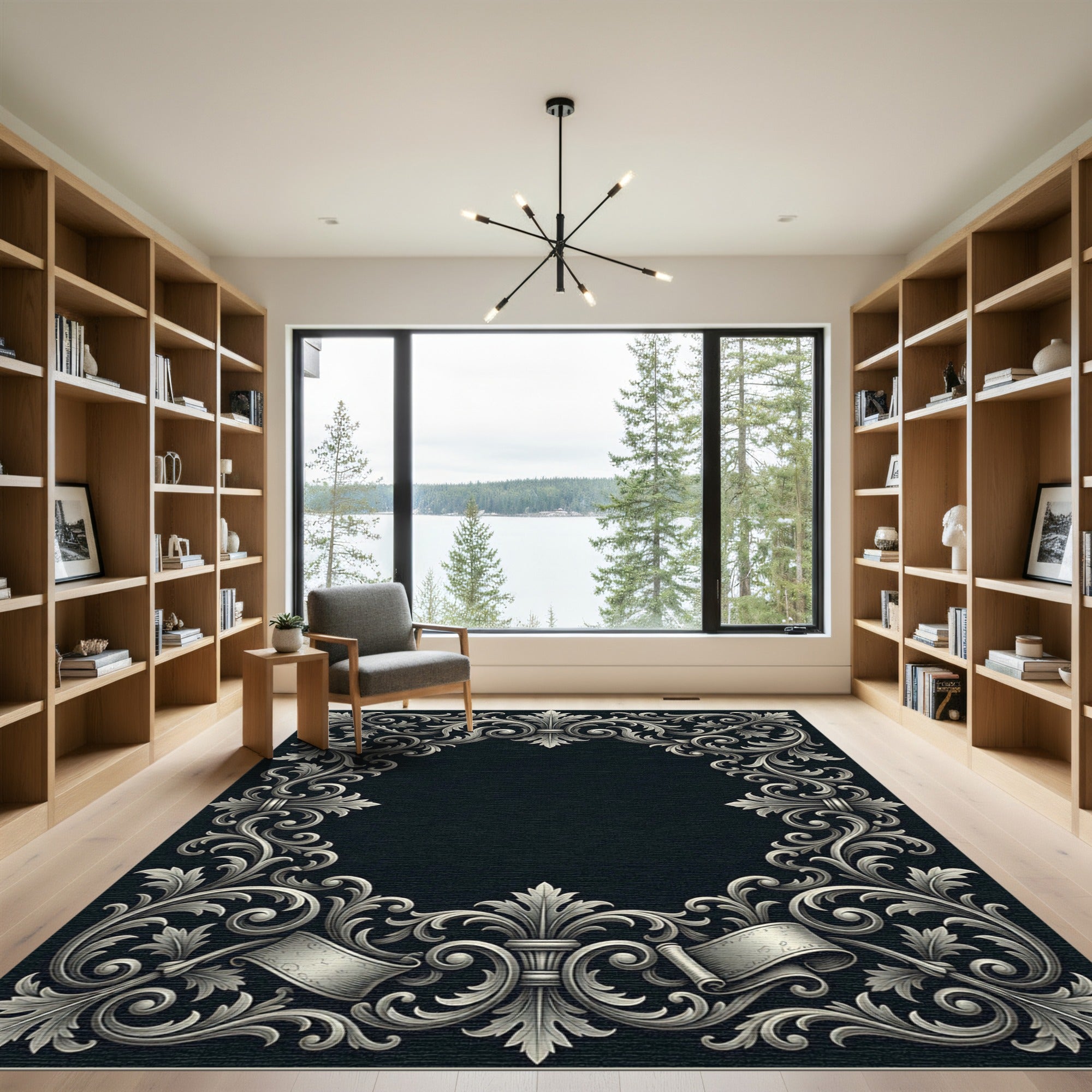 Ornate Silver Acanthus Scroll Border Rug