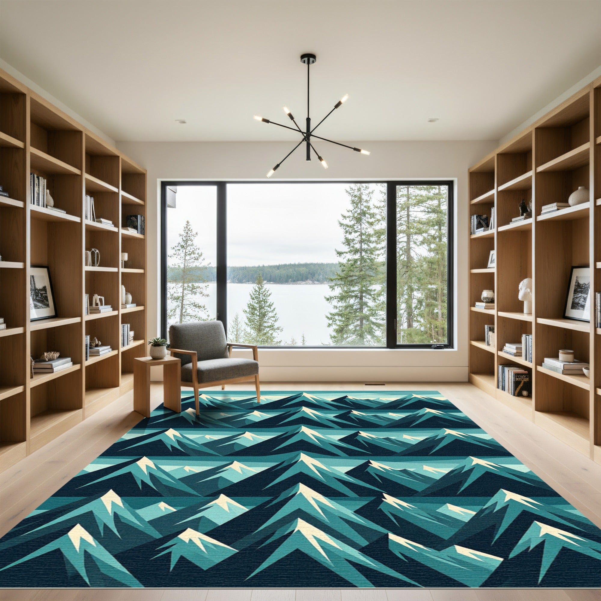 Teal And White Mountain Range Rug