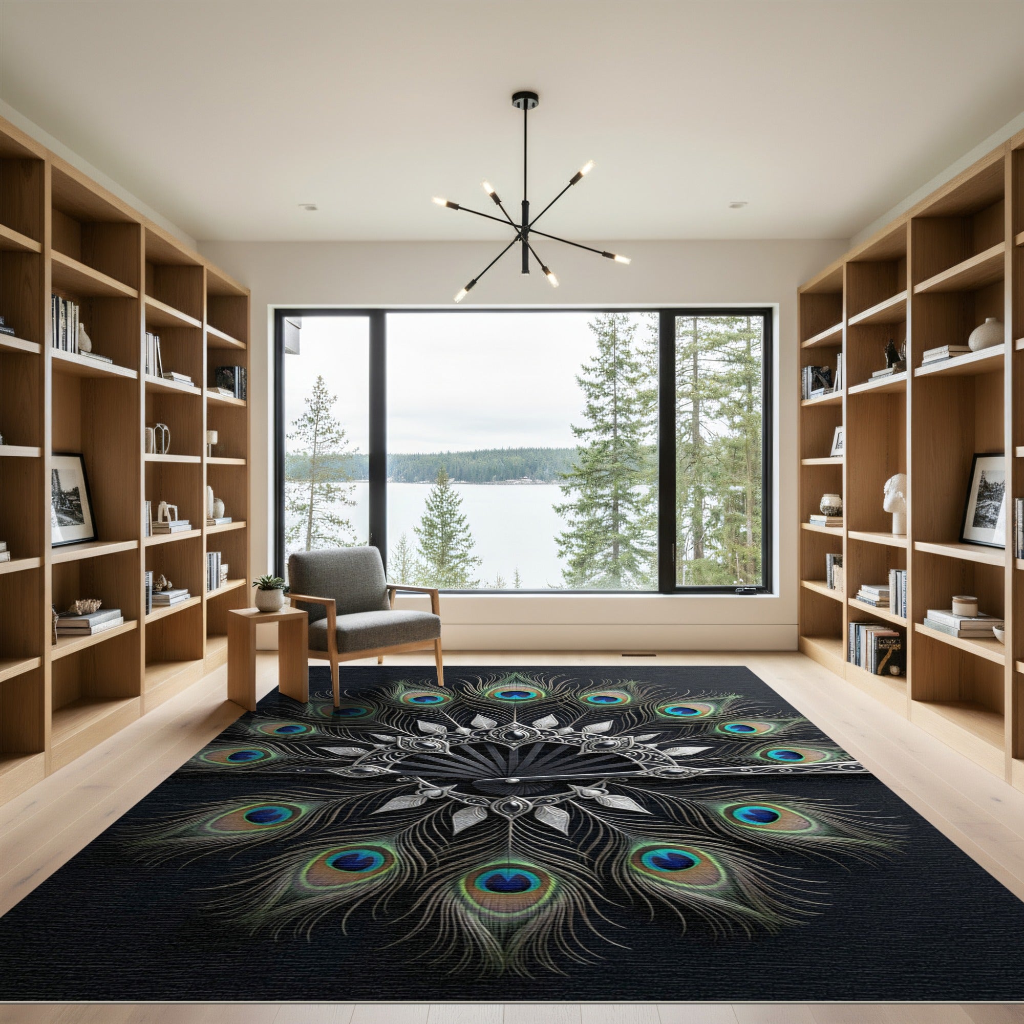 Elegant Peacock Feather Silver Filigree Fan Rug