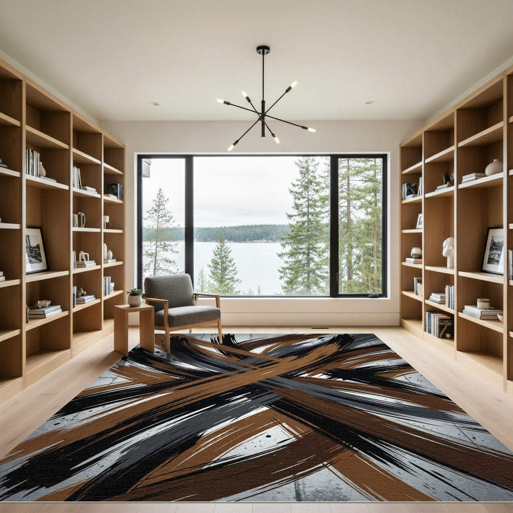 Modern Abstract Black and Brown Brushstroke Rug