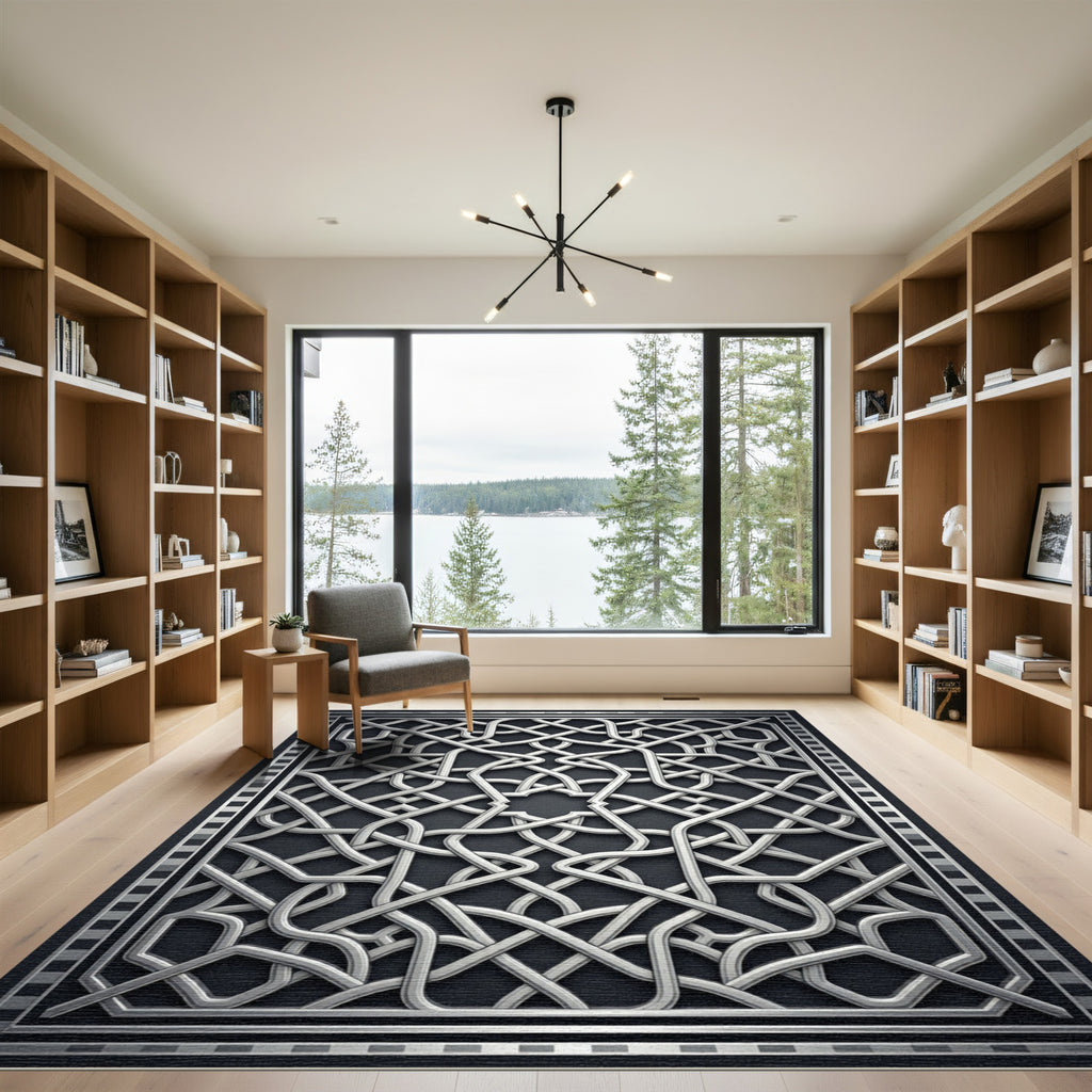 Silver Metallic Geometric Interlaced Lattice Rug