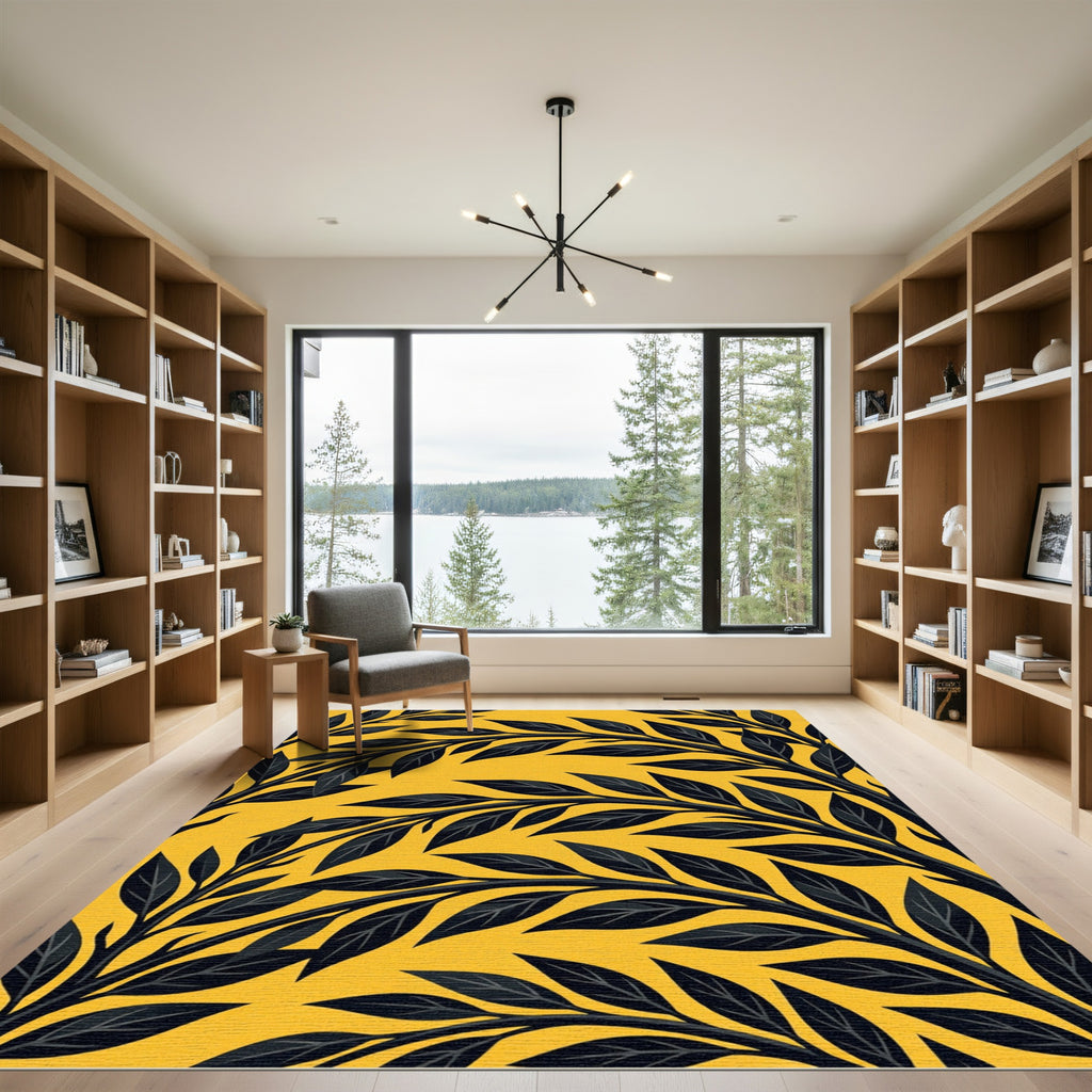 Bold Black Foliage Yellow Vine Rug