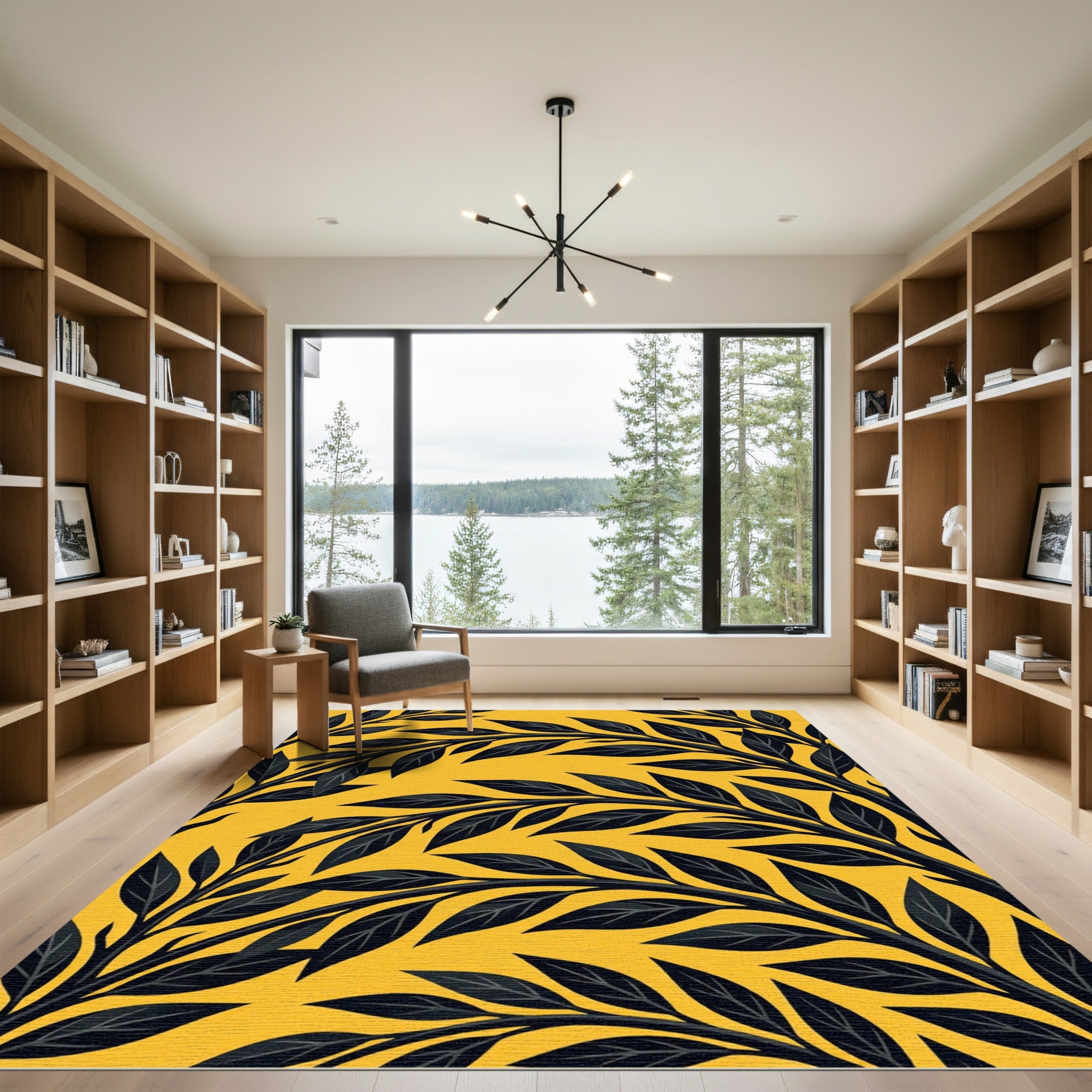 Bold Black Foliage Yellow Vine Rug