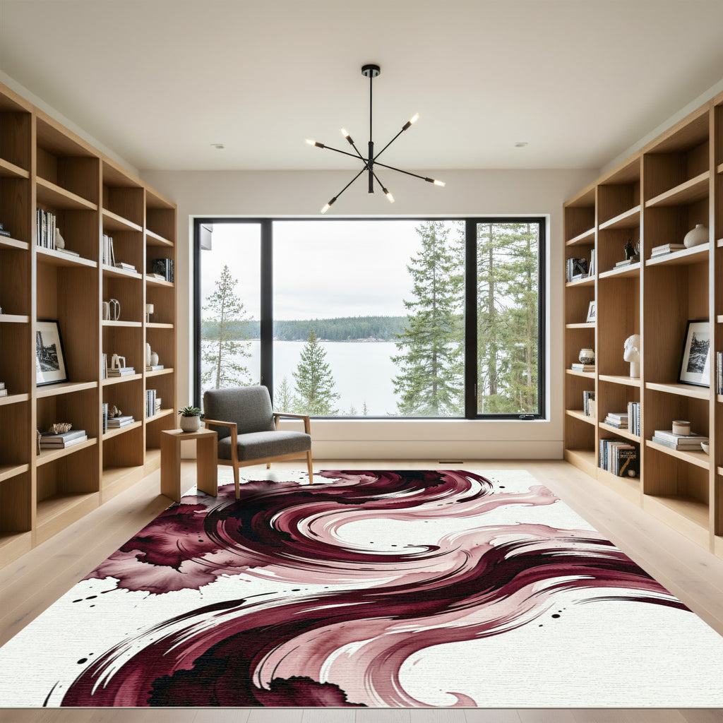 Burgundy Fluid Abstract Ink Swirl Rug