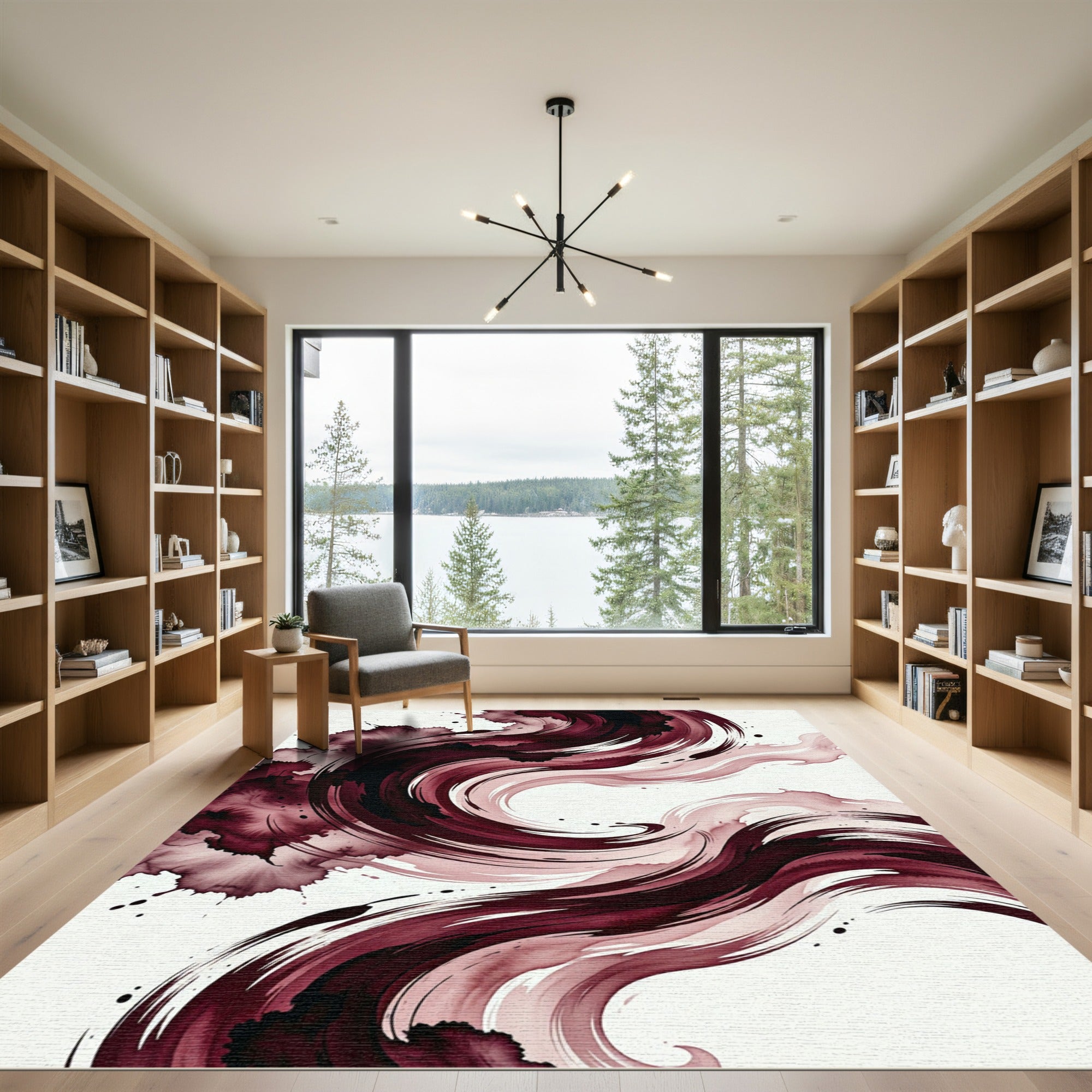 Burgundy Fluid Abstract Ink Swirl Rug