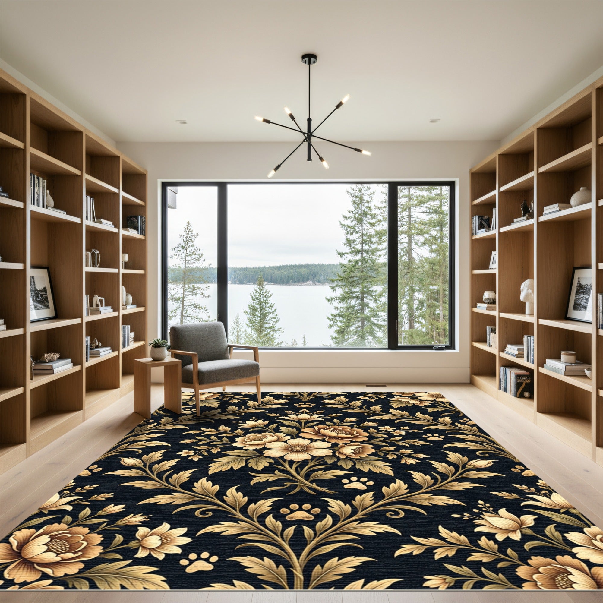 Elegant Gold Floral Paw Damask Rug