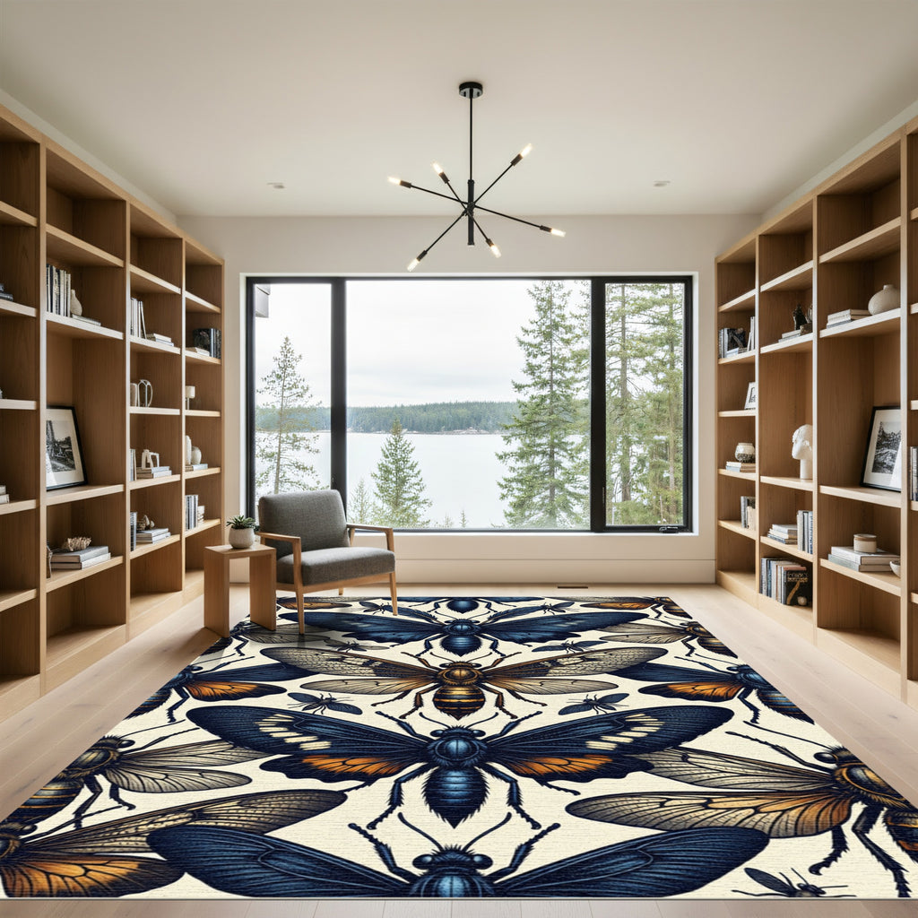 Dark Blue Golden Winged Insect Mosaic Rug