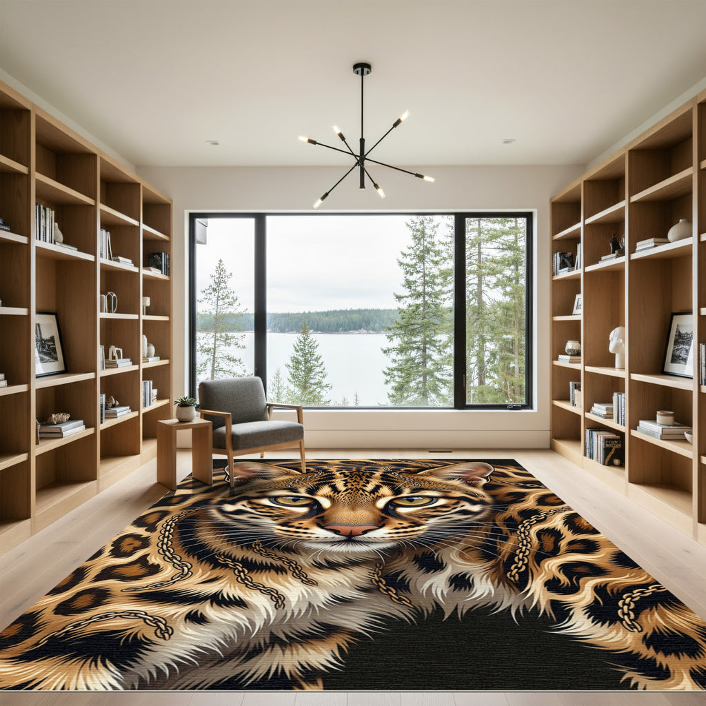 Elegant Gold Chain Ocelot Portrait Rug