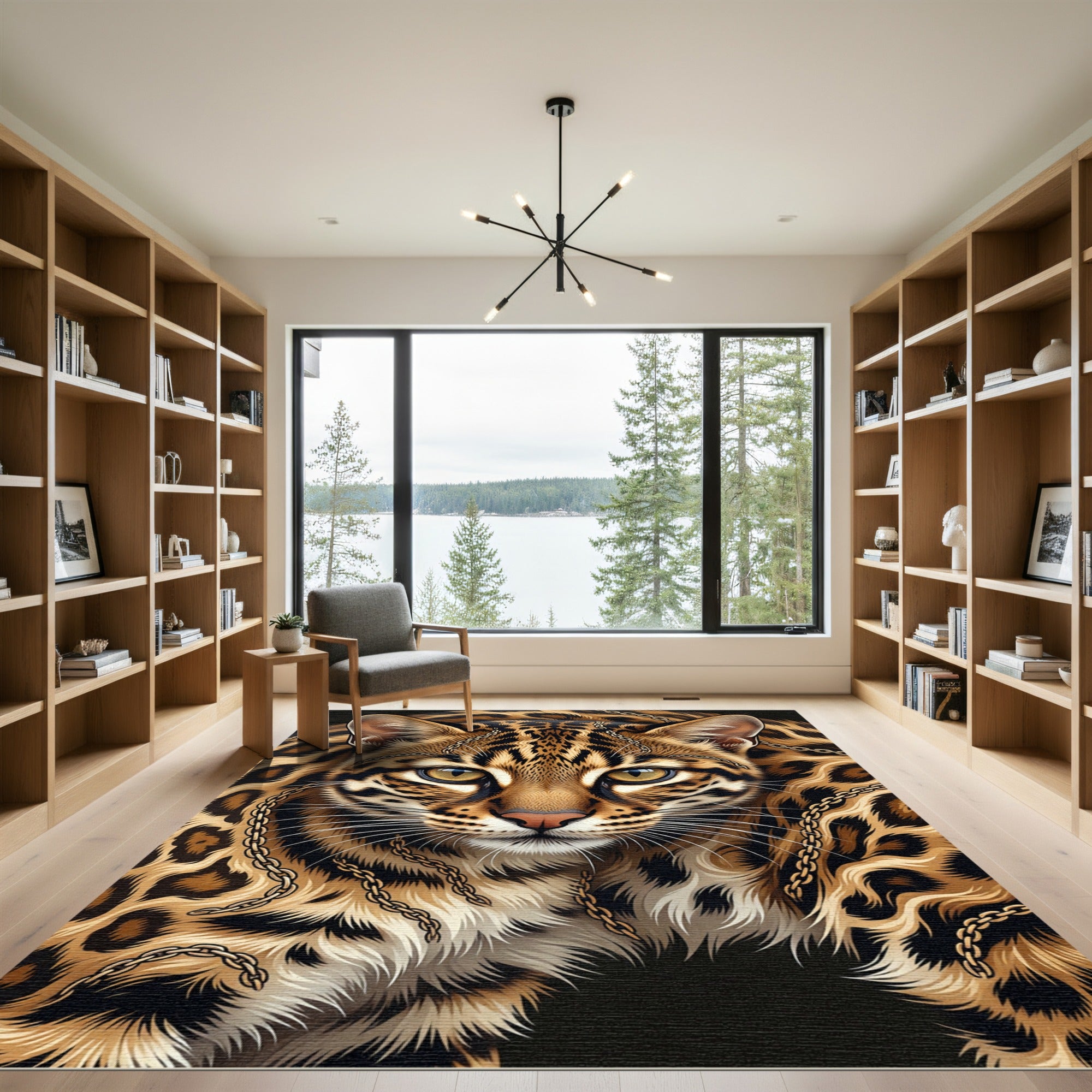 Elegant Gold Chain Ocelot Portrait Rug