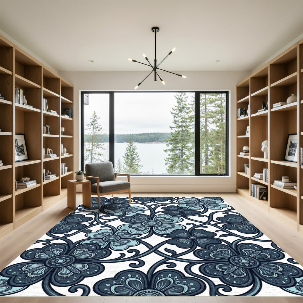 Midnight Blue Floral Swirl Botanical Rug