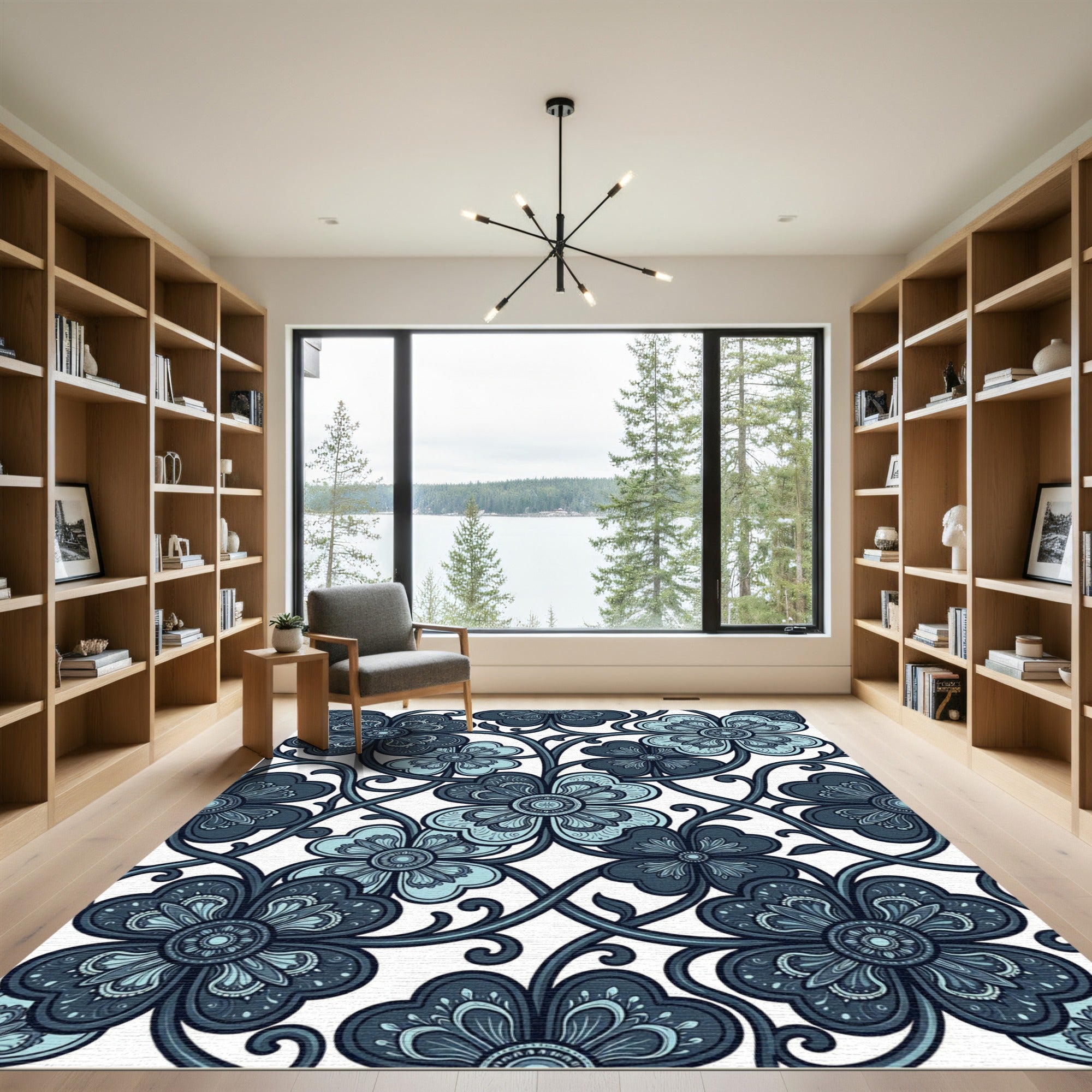 Midnight Blue Floral Swirl Botanical Rug