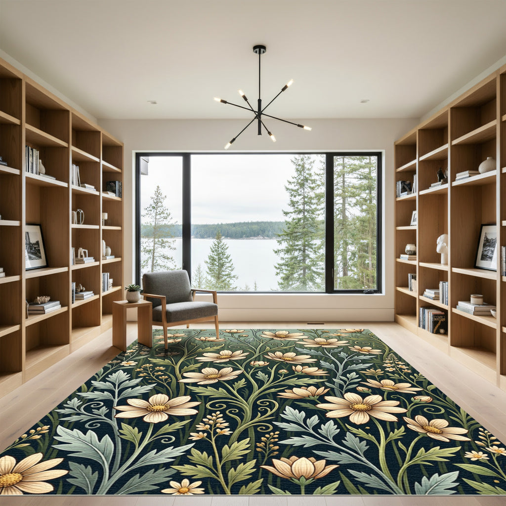 Sage Green Cream Botanical Meadow Illustration Rug