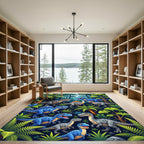 Vibrant Blue Dinosaur Jungle Landscape Rug