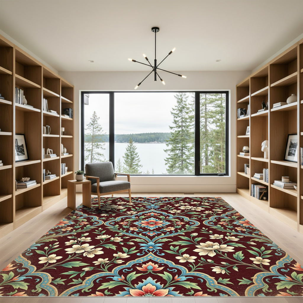 Crimson Floral Medallion With Blue Accents Rug